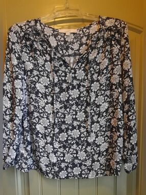 LOFT Navy and White Floral Tie-Neck Blouse